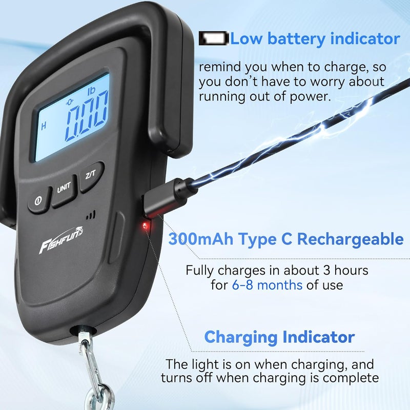 Fishfun Rechargeable Fish Scale, Digital Hanging Fish Weight Scale with Large Handle and Tape Measure for Fishing, Hunting, Outdoor, Farm, 110lb/50kg - Image 3